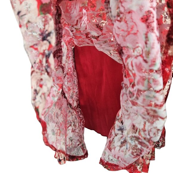 Maison Tara Womens Size 10 Red Floral Long Sheer Sleeve Tiered Ruffle Mini Dress - Picture 9 of 12